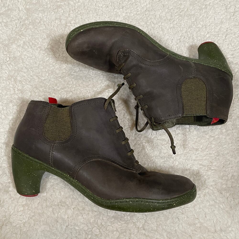 Camper Leather Booties Dark‎ Green Lace Up Chunky Heel Retro Twee Boho 40 9.5